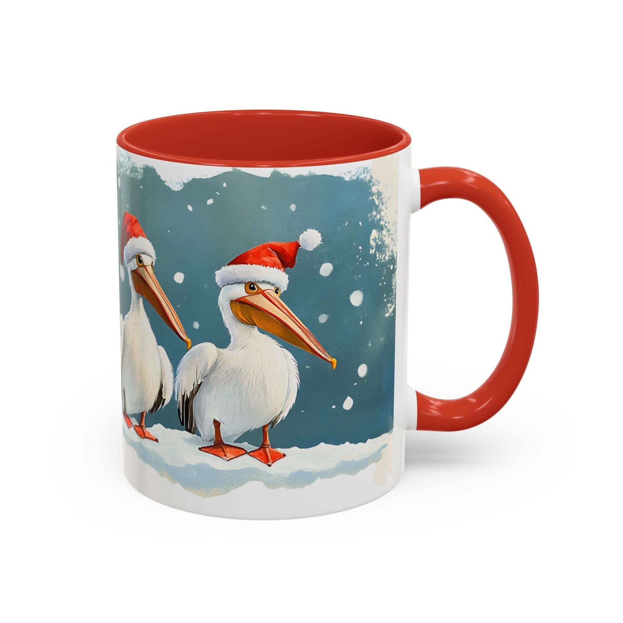 Mug with Christmas design featuring two pelicans wearing Santa hats on a snowy background.