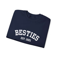 Navy Varsity Besties Crewneck Sweatshirt with "BESTIES EST. 2025" lettering in cotton blend fabric