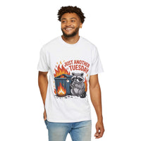 Man wearing a white t-shirt with a raccoon graphic and text on a white background
