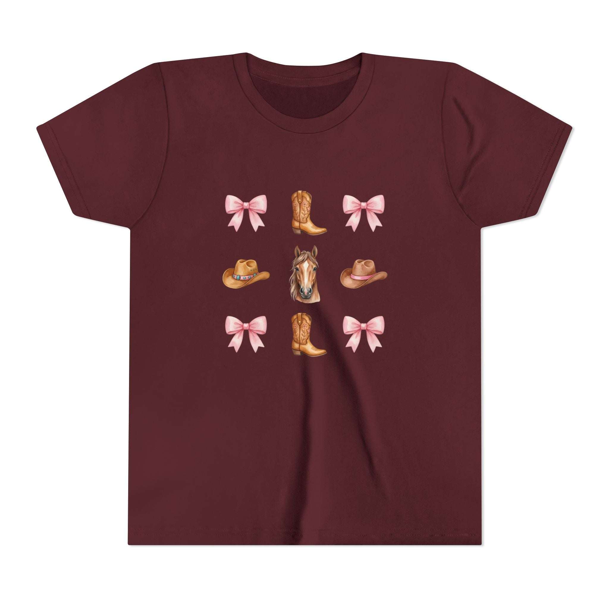 Youth pink Cowboy Horse & Boots tee with Western hat, pink bows, and horse print
