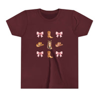 Youth pink Cowboy Horse & Boots tee with Western hat, pink bows, and horse print