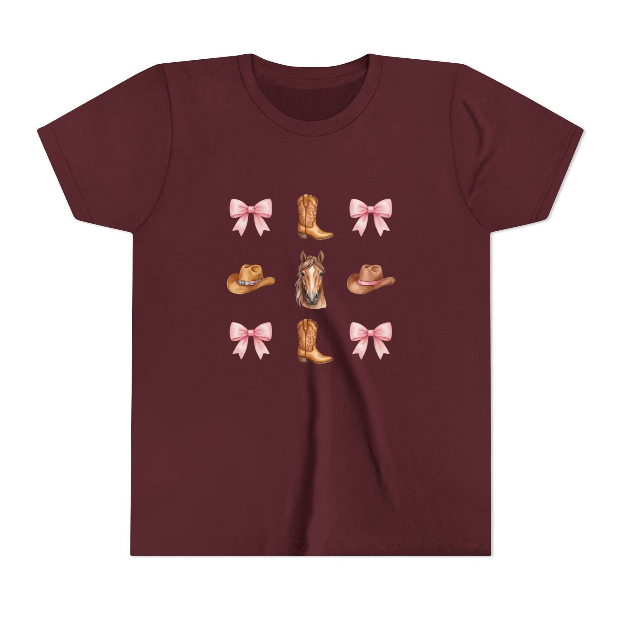 Youth pink Cowboy Horse & Boots tee with Western hat, pink bows, and horse print