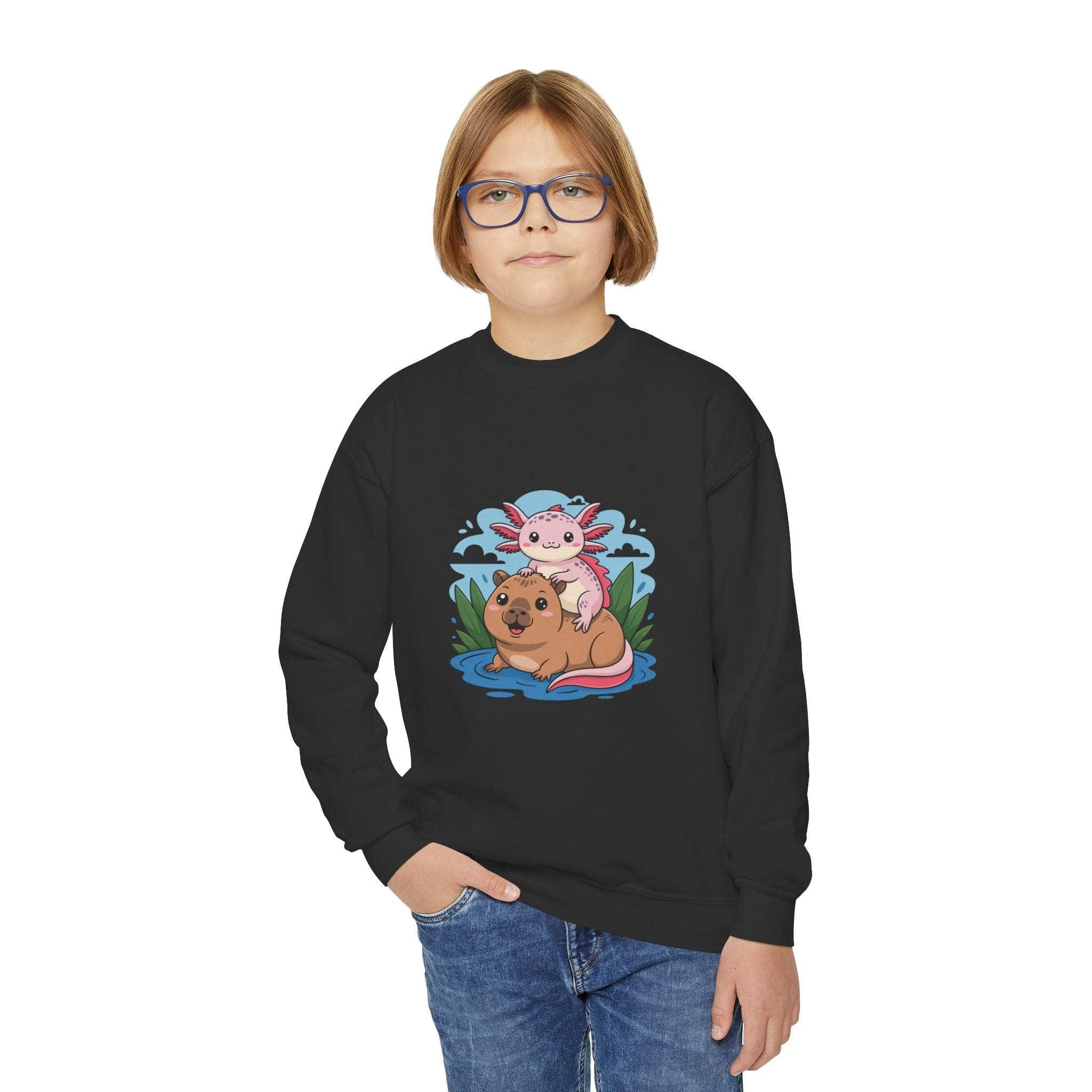 Child wearing a black sweatshirt with a colorful graphic design on a white background