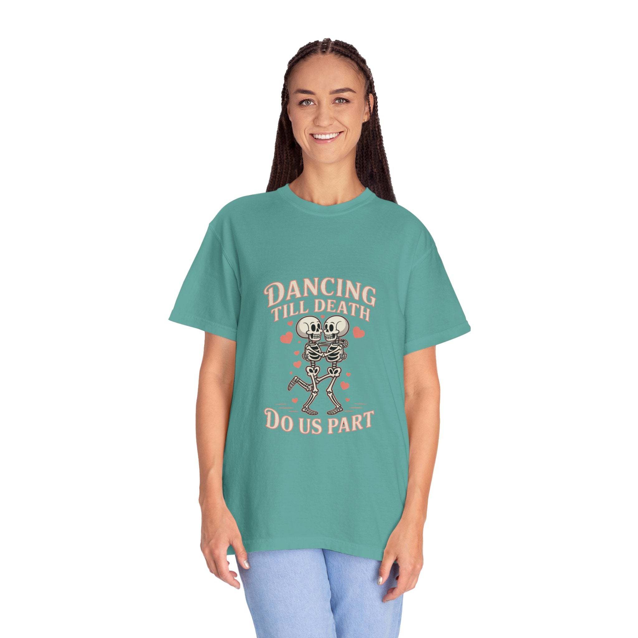 Dancing Till Death Do Us Part dark humor t-shirt with faded print and relaxed fit