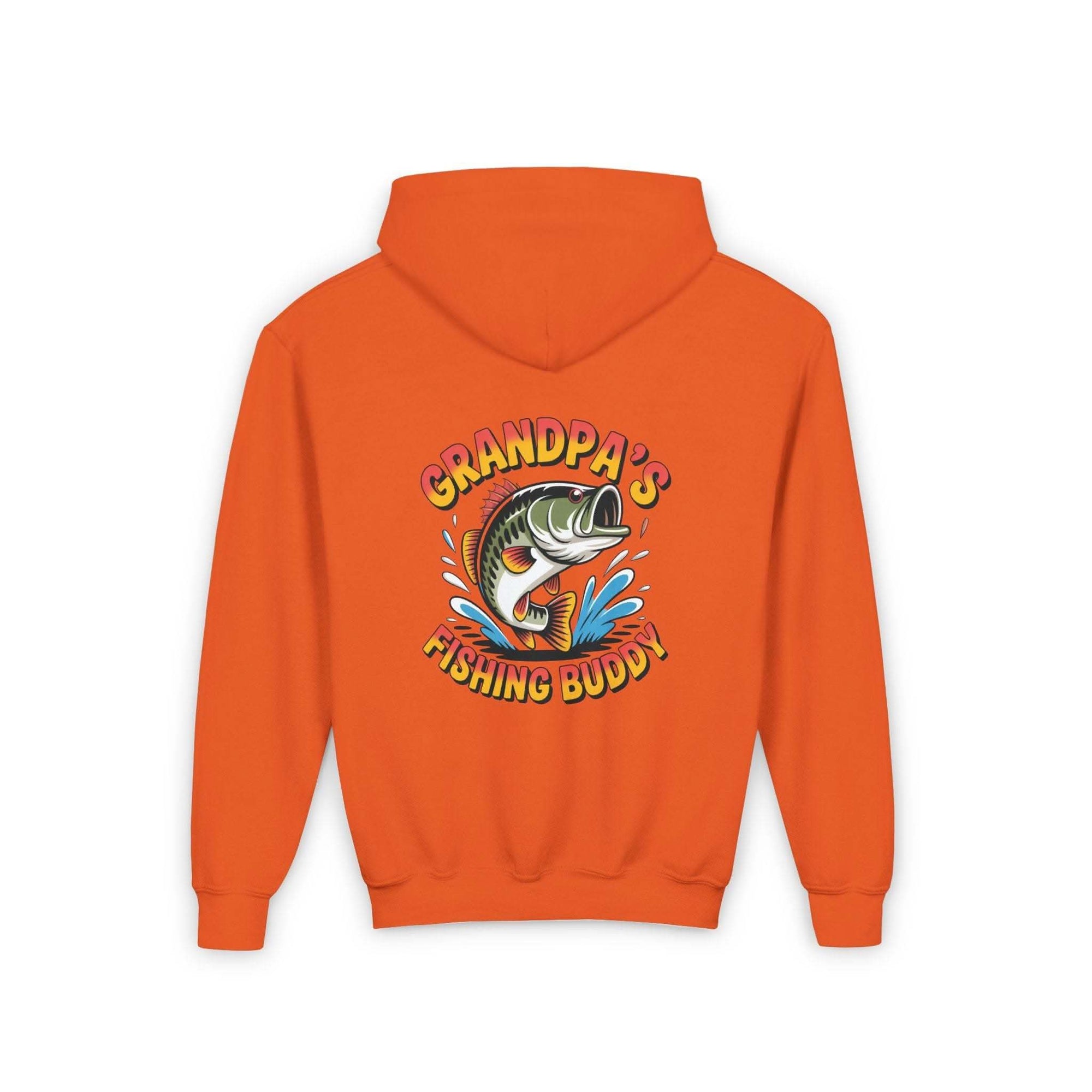 Youth hooded sweatshirt with embroidered Grandpas Fishing Buddy design and kangaroo pouch pocket