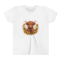 Youth tee featuring Highland Cow with Sunflowers design on soft cotton fabric