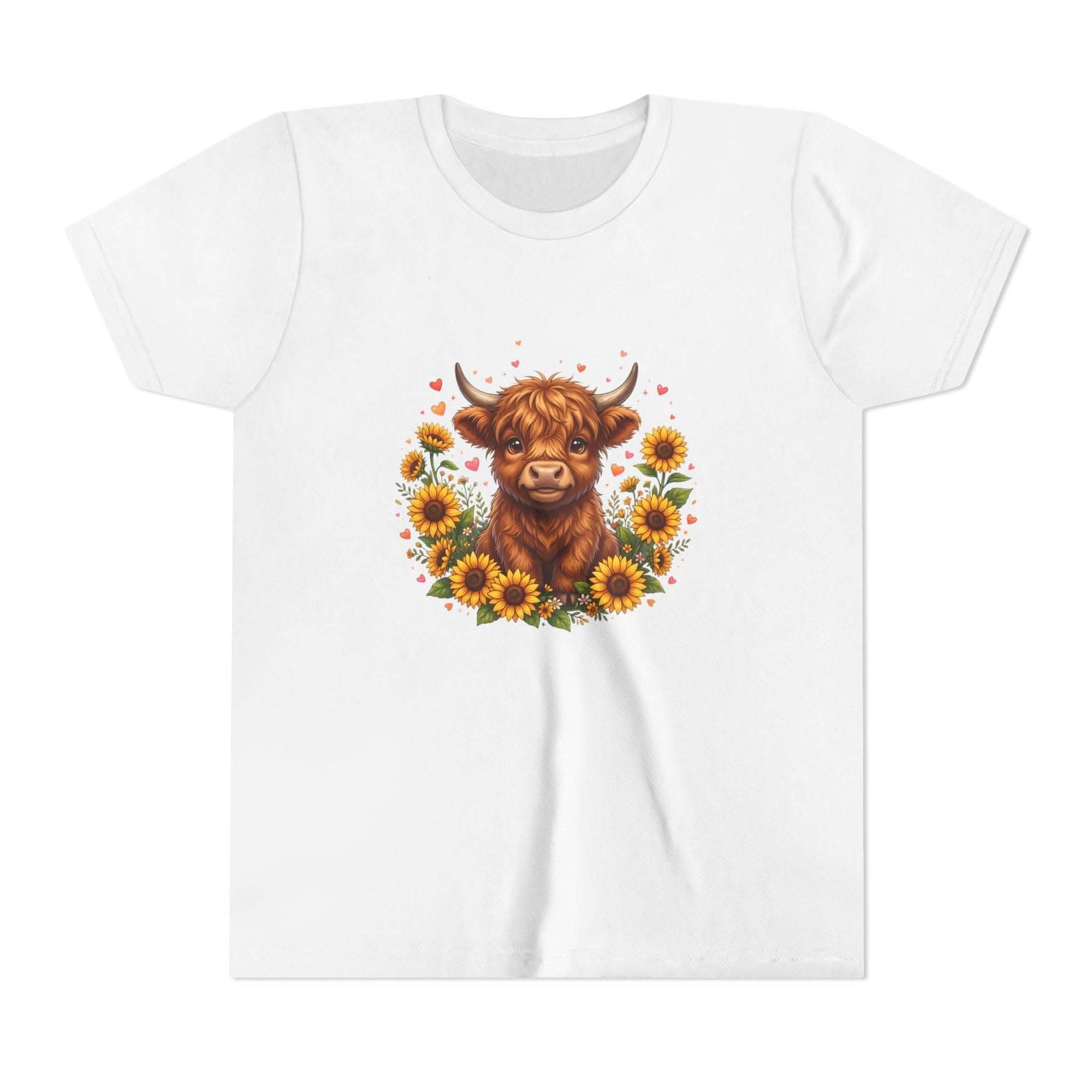 Youth tee featuring Highland Cow with Sunflowers design on soft cotton fabric