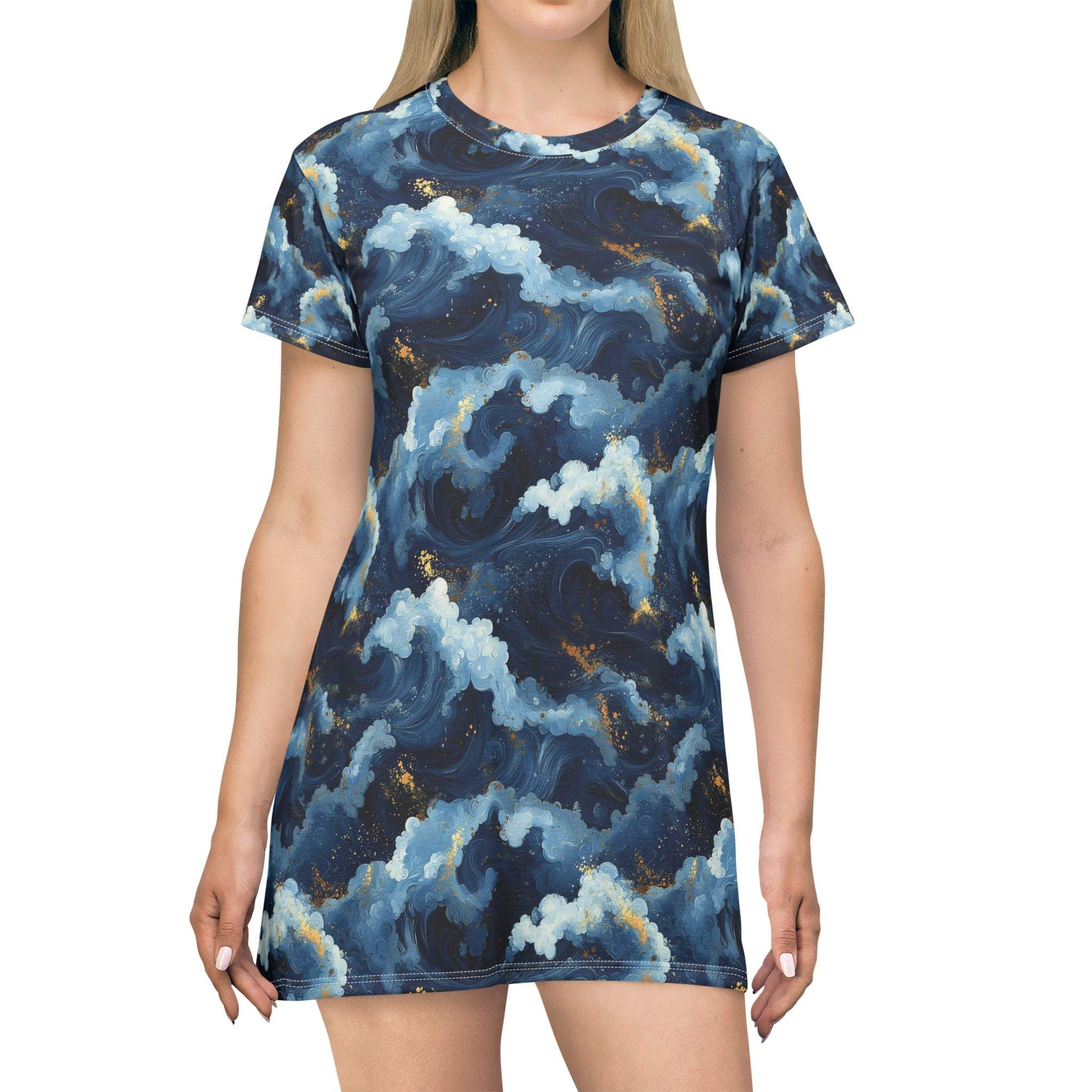 Navy Storm Cloud Pattern T-Shirt Dress | All-Over Print