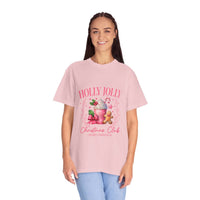 Unisex garment-dyed black Christmas t-shirt with 'Holly Jolly Christmas Club' design by Printify