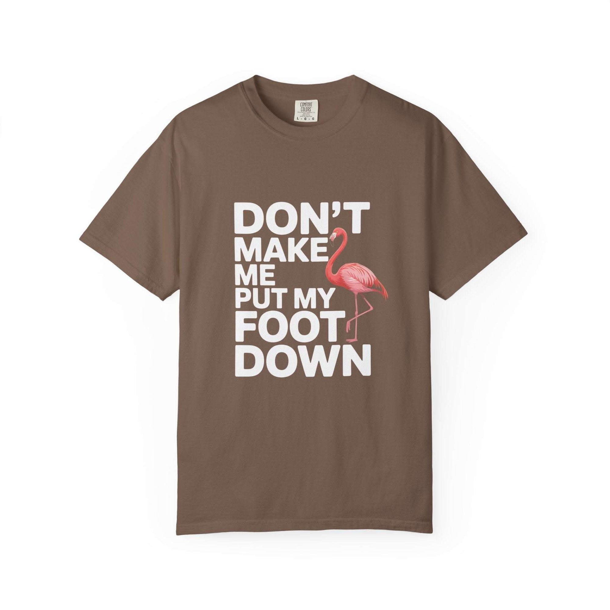 Dont Make Me Put My Foot Down flamingo graphic on vintage-style pink T-shirt with bold white lettering