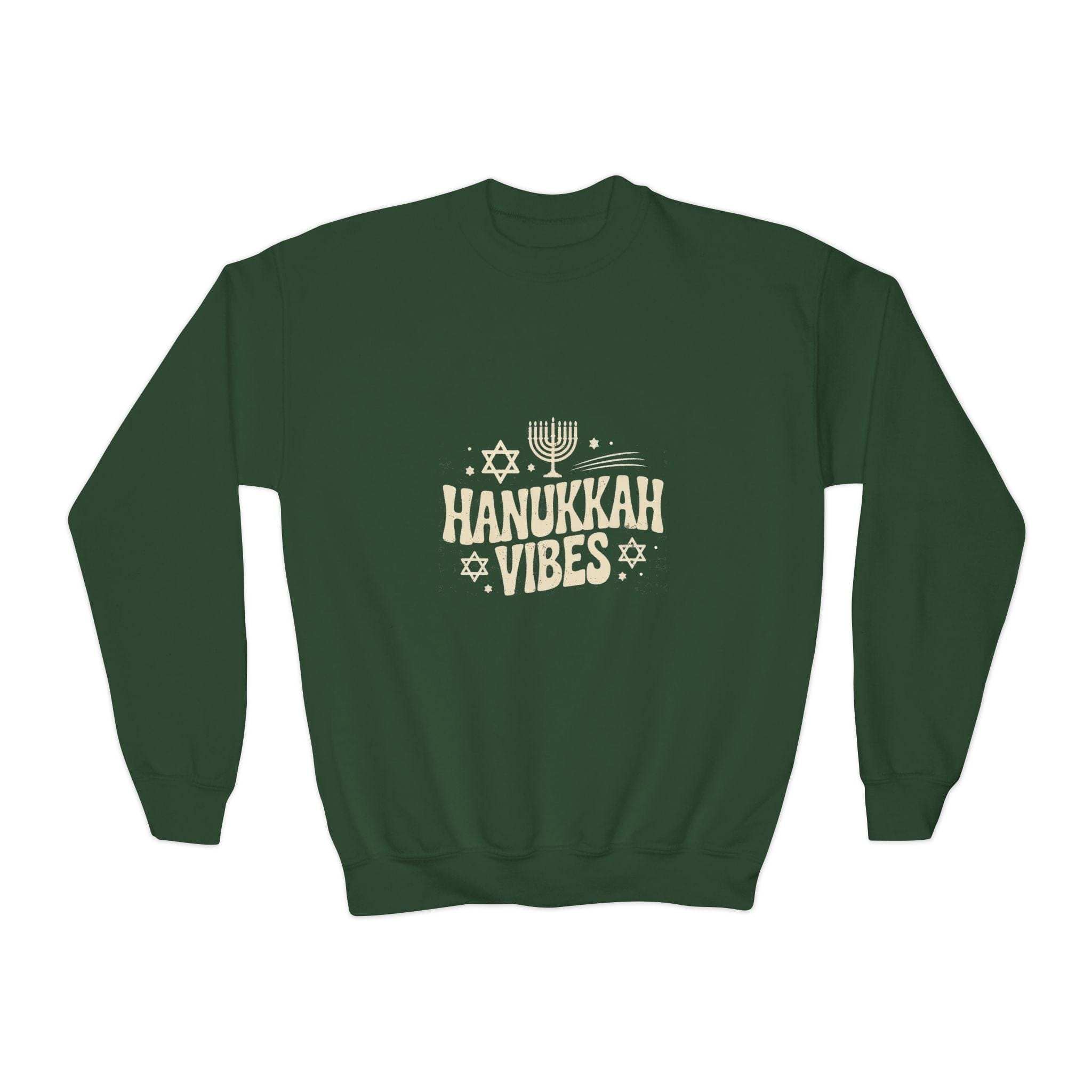 White Hanukkah crewneck youth sweatshirt featuring festive designs, perfect for kids' holiday wear by Printify.