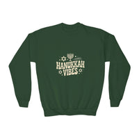 White Hanukkah crewneck youth sweatshirt featuring festive designs, perfect for kids' holiday wear by Printify.