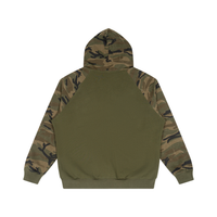 A hooded sweatshirt shown from the back, featuring a solid olive green back panel and camouflage-patterned sleeves and hood.