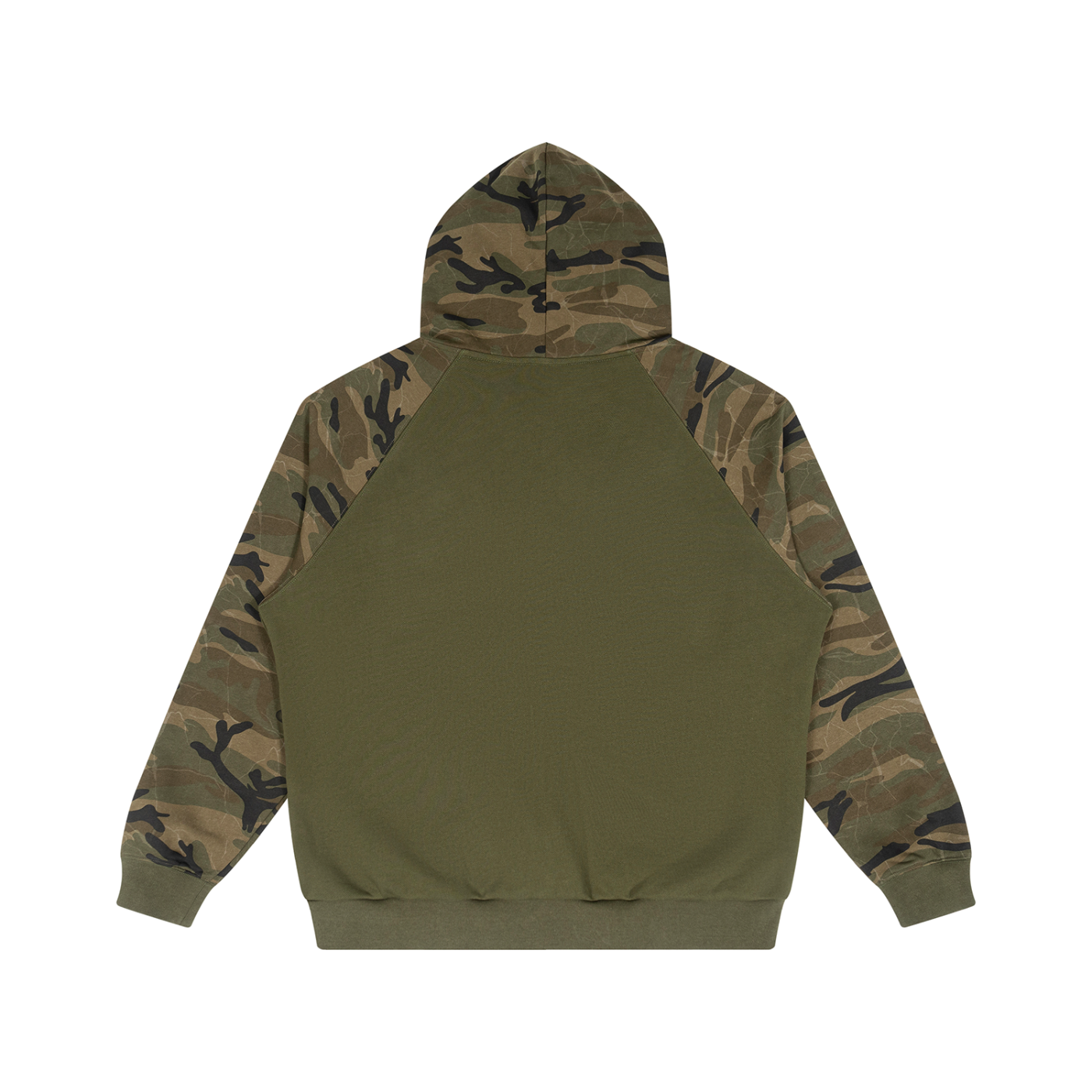 A hooded sweatshirt shown from the back, featuring a solid olive green back panel and camouflage-patterned sleeves and hood.