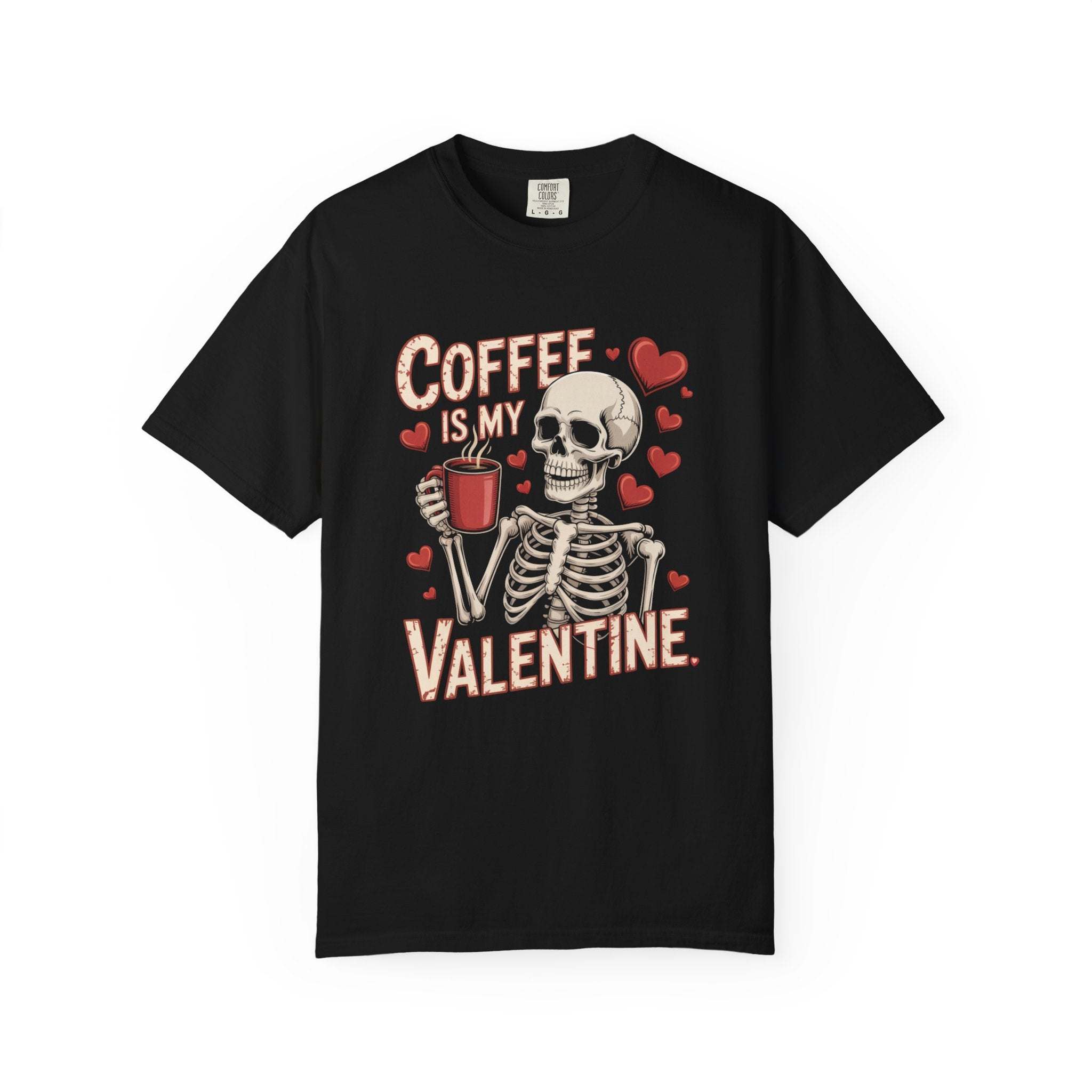 Coffee Is My Valentine skeleton graphic on vintage-washed relaxed fit T-shirt