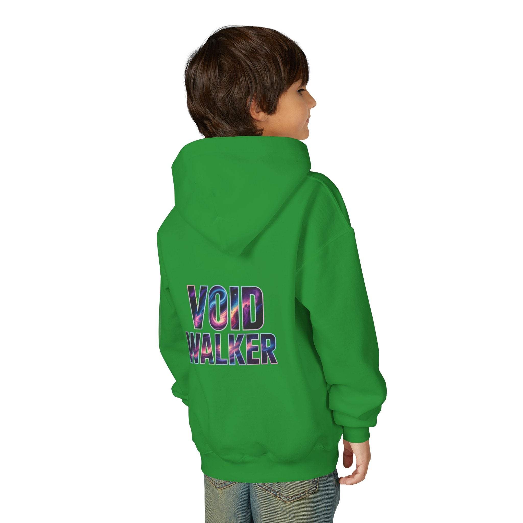 Child wearing green Galaxy Hoodie with "Void Walker" galaxy print on back