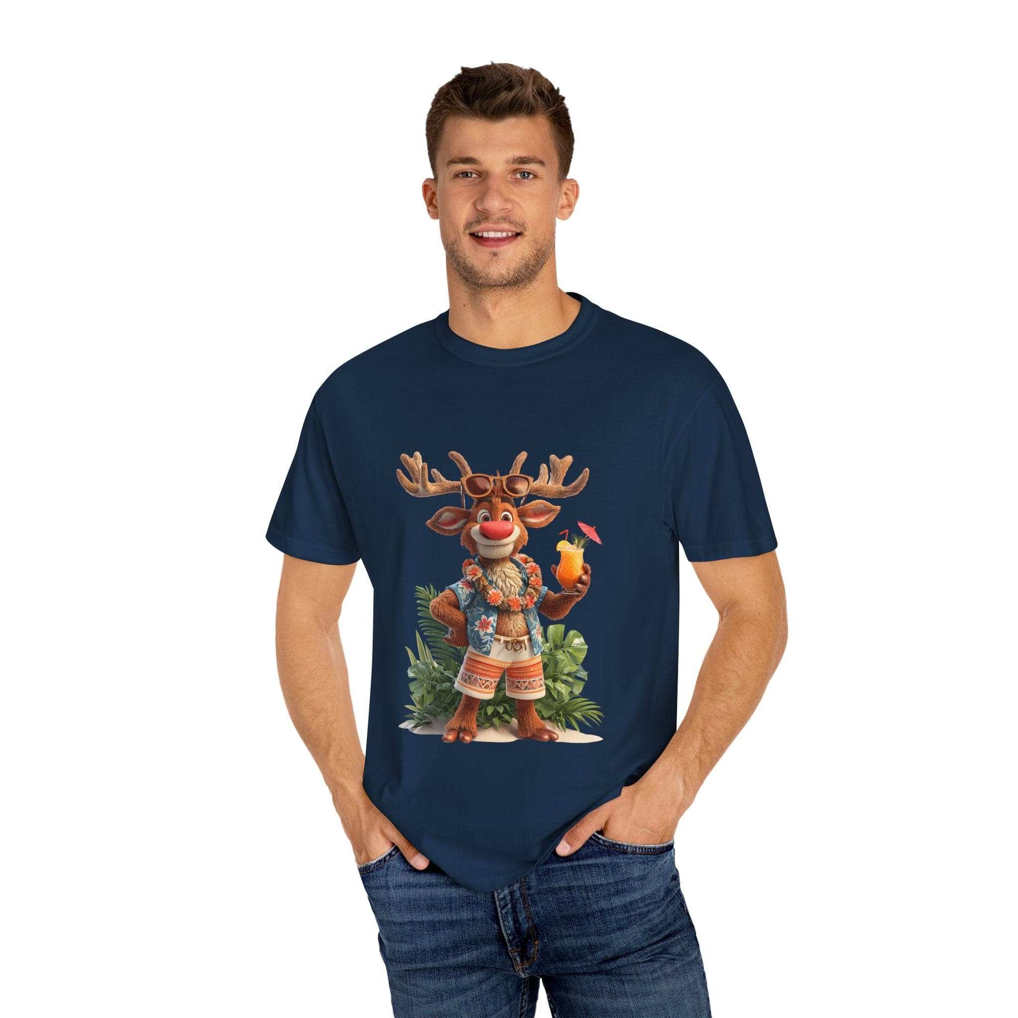 Unisex navy T-Shirt Tropical Vacation featuring festive reindeer with tropical drink design