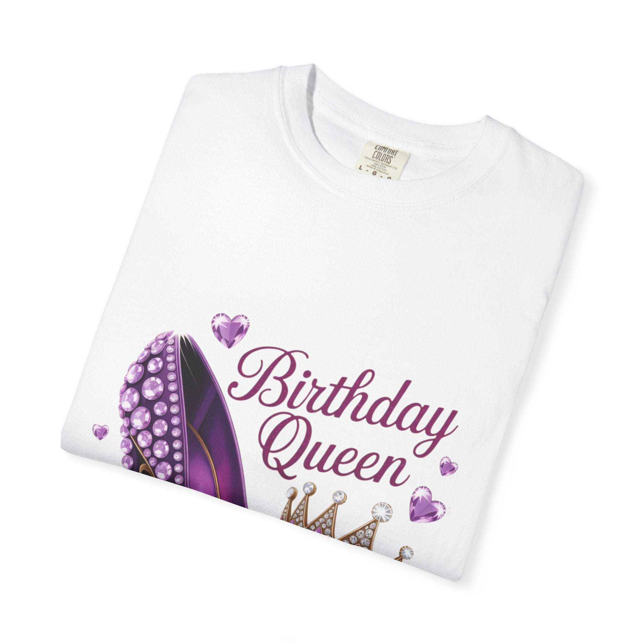 Crunchberry cotton T-shirt featuring 'Birthday Queen' design, stylish high heel graphic, by Printify