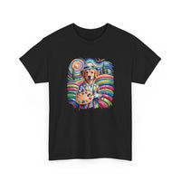 Golden retriever wearing artist beret with paint palette on colorful artist dog t-shirt with rainbow swirls