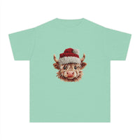 Youth tee featuring Santa hat Highland cow in faux crochet yarn style for Christmas