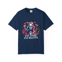 Navy floral skeleton t-shirt with "Stay Spooky Stay Beautiful" text and colorful flower design