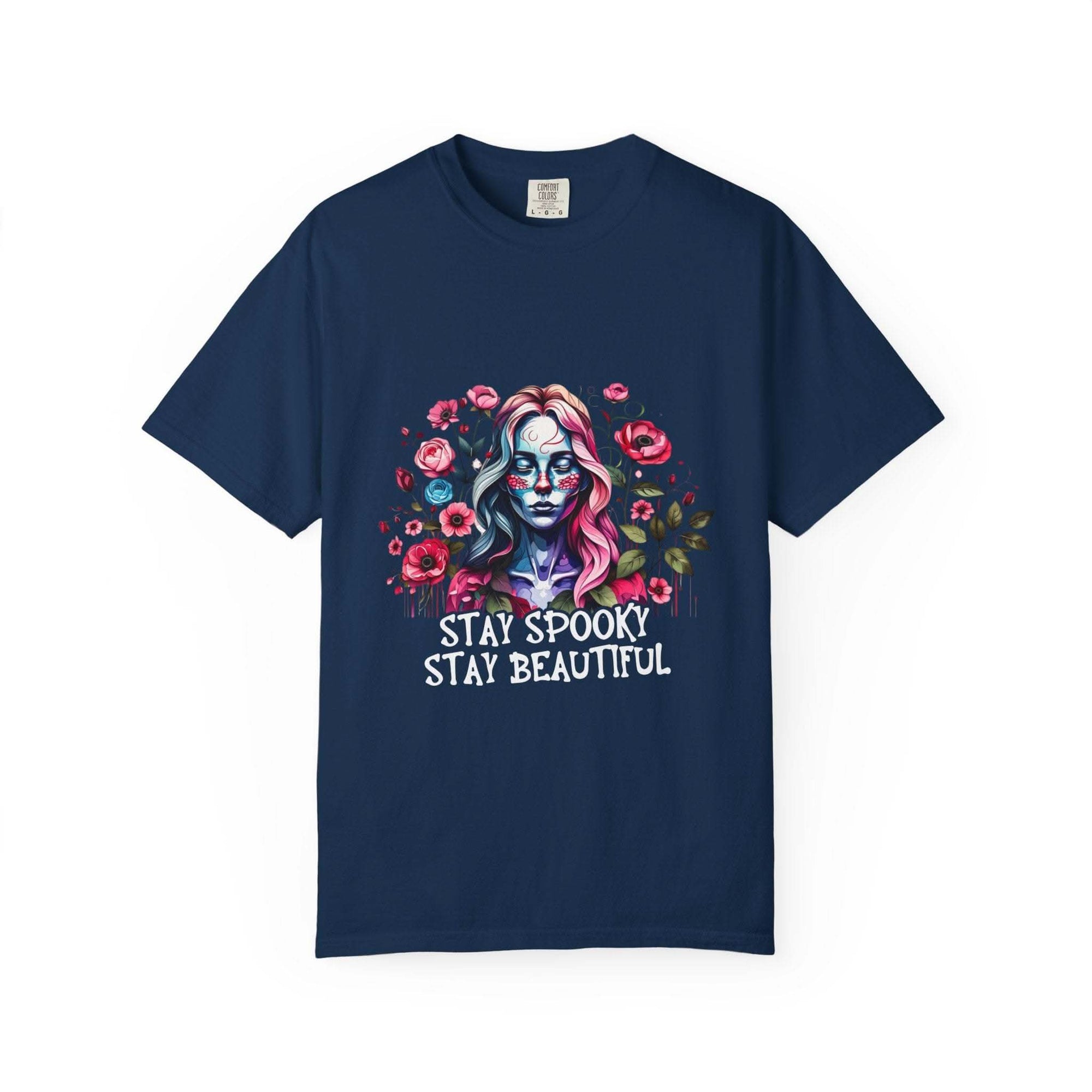 Navy floral skeleton t-shirt with "Stay Spooky Stay Beautiful" text and colorful flower design