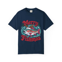 True Navy garment-dyed t-shirt featuring Merry Fishmas design for fishermen, by Printify