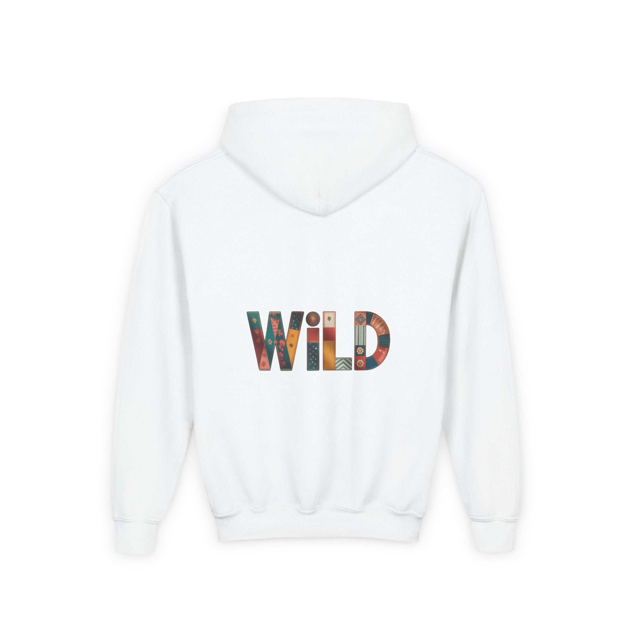 White Patchwork Wild Word Hoodie with colorful "WILD" text on back, kids' casual sweatshirt with kangaroo pocket