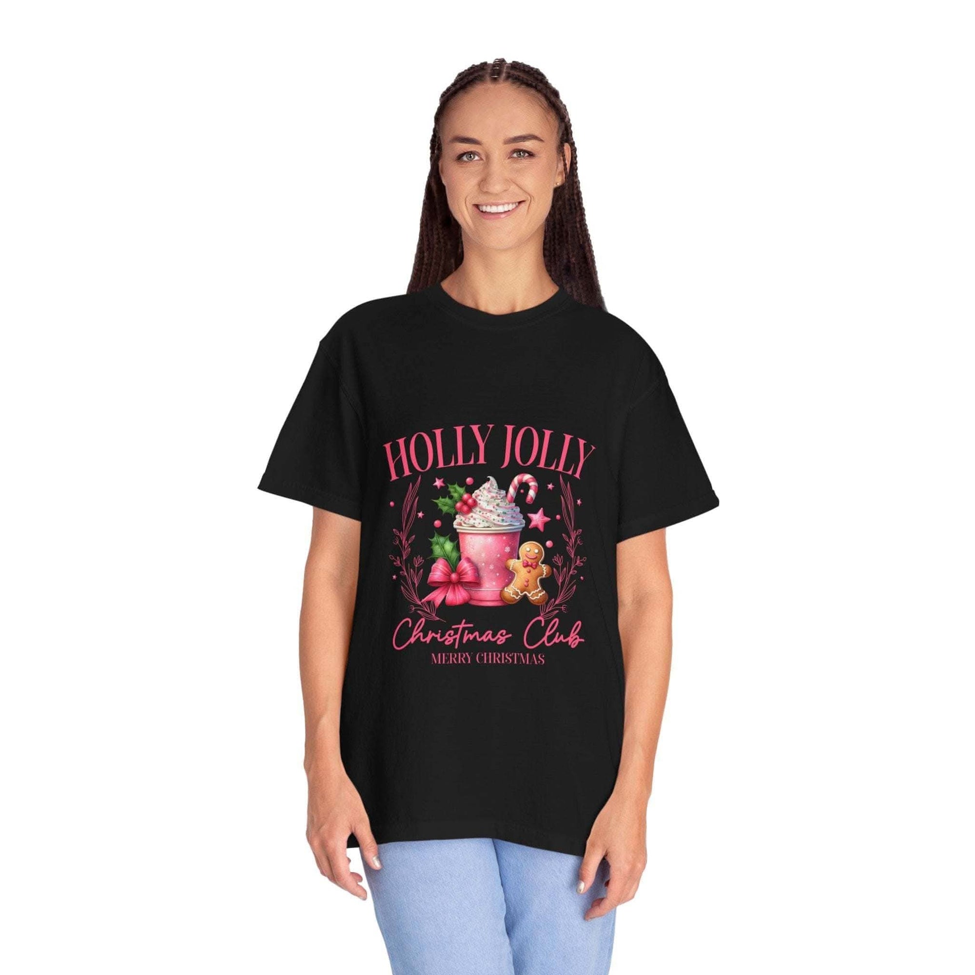Unisex garment-dyed black Christmas t-shirt with 'Holly Jolly Christmas Club' design by Printify