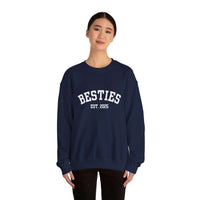 Woman wearing navy Varsity Besties Crewneck Sweatshirt with "Besties Est. 2025" varsity lettering