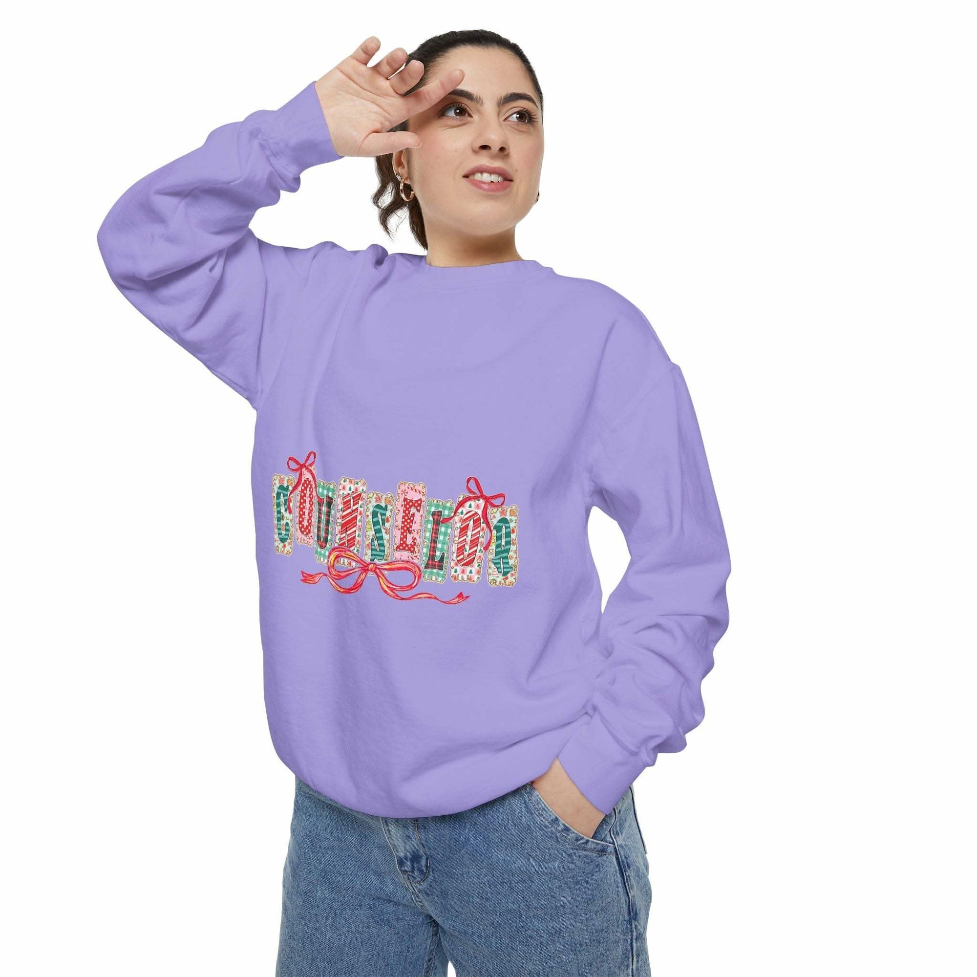 Garment-dyed True Navy sweatshirt with festive Christmas design, perfect for holiday gifting, by Printify