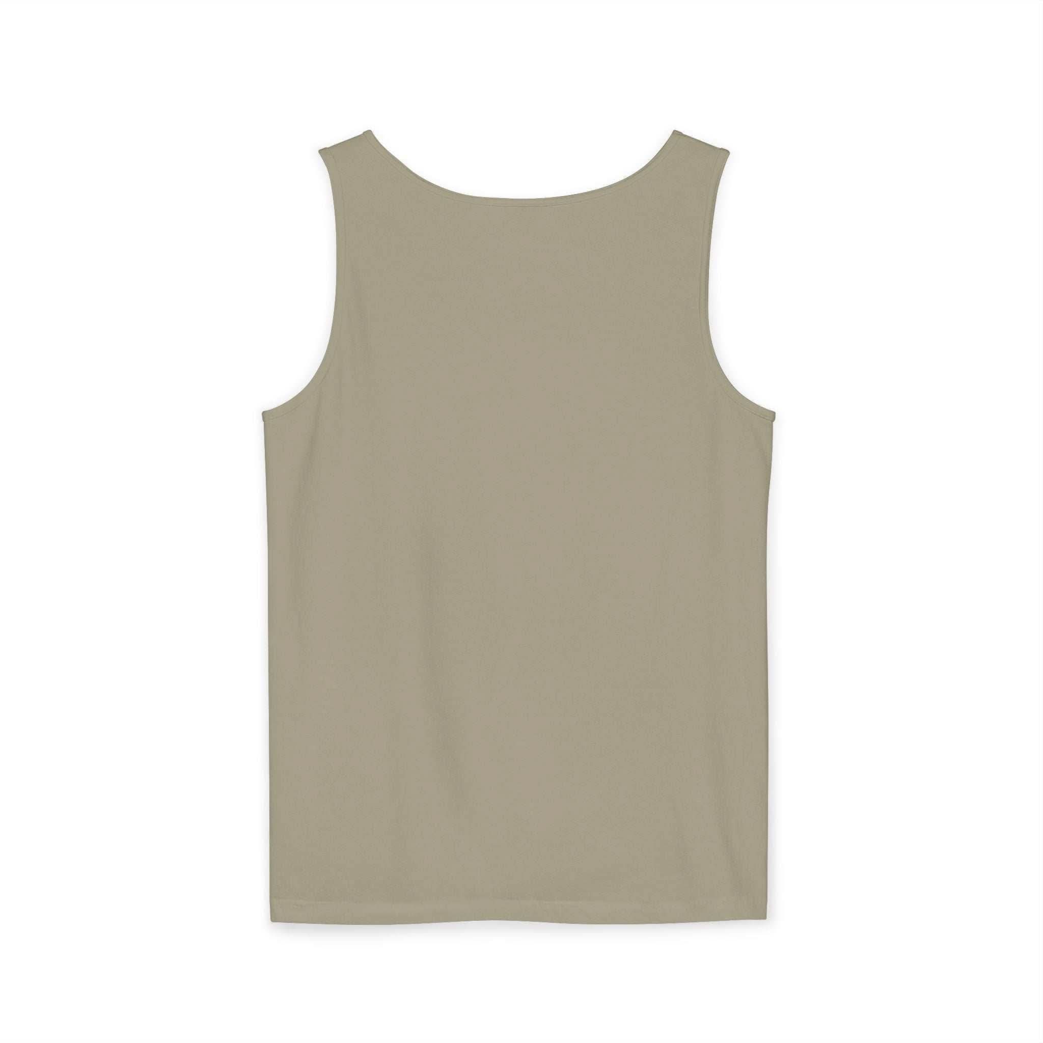 Beige tank top with sleeveless design, made of 100% ring spun cotton for comfort and durability.