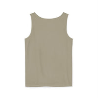 Beige tank top with sleeveless design, made of 100% ring spun cotton for comfort and durability.