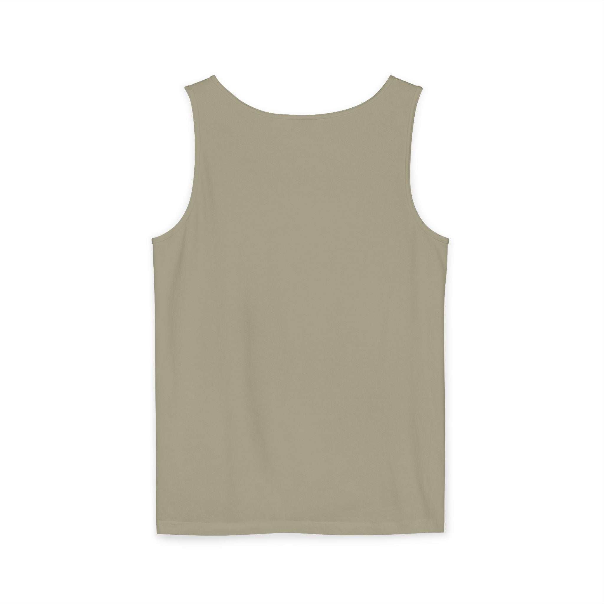 Beige tank top with sleeveless design, made of 100% ring spun cotton for comfort and durability.