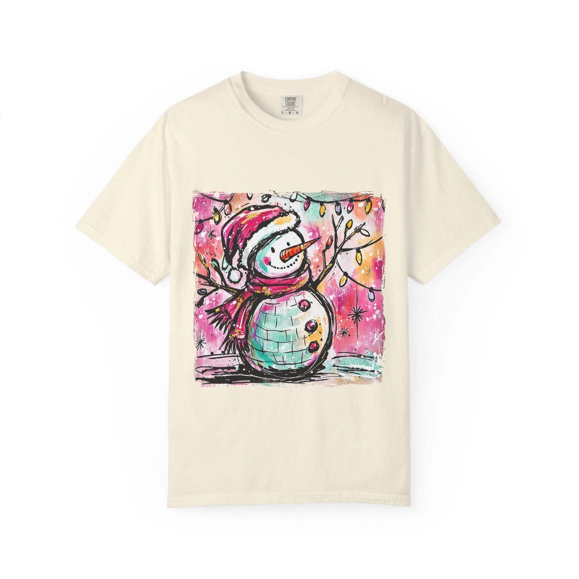 White unisex t-shirt featuring a colorful disco ball snowman design for festive dance parties, by Printify