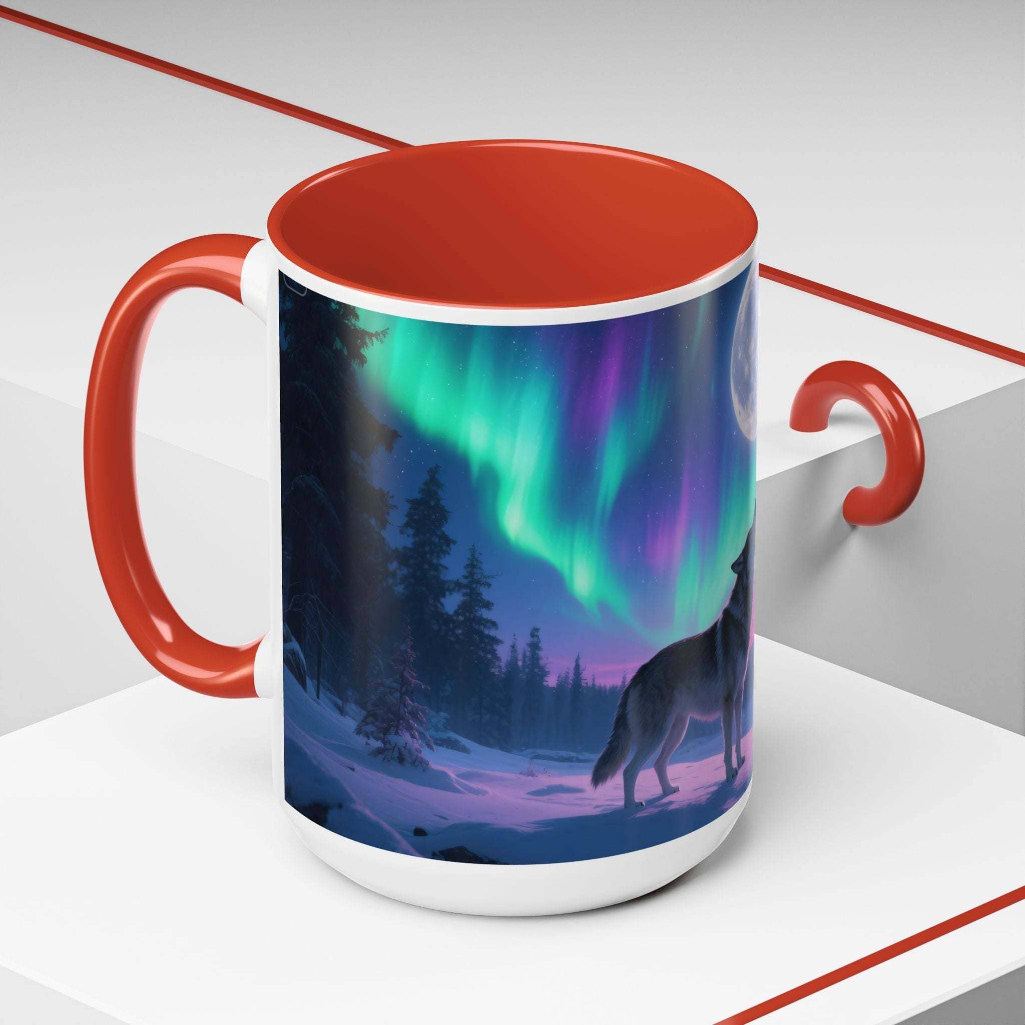 Mug with red interior and handle featuring a wolf and Northern Lights design on a white background