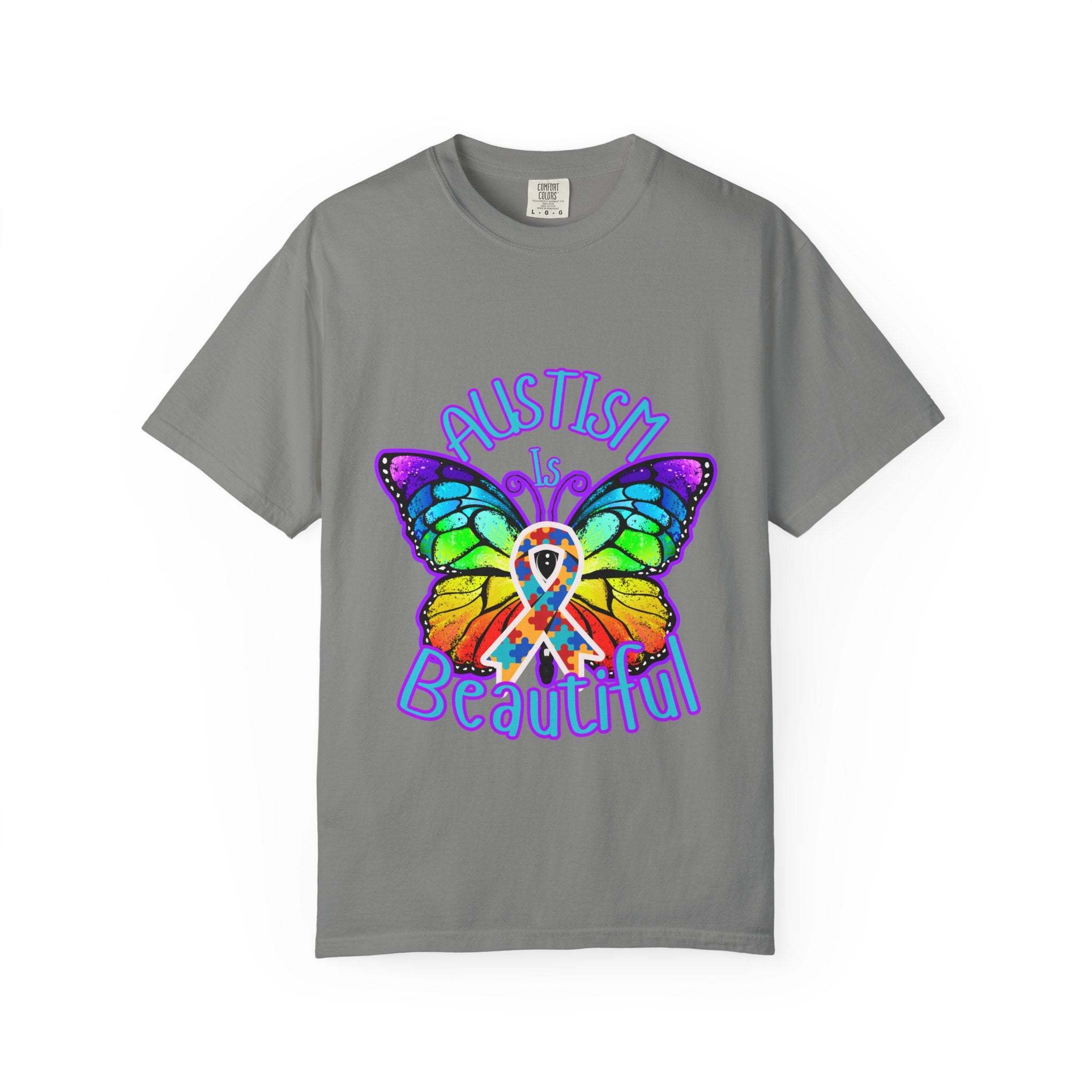 Gray Autism is Beautiful T-shirt with colorful butterfly and autism awareness ribbon design