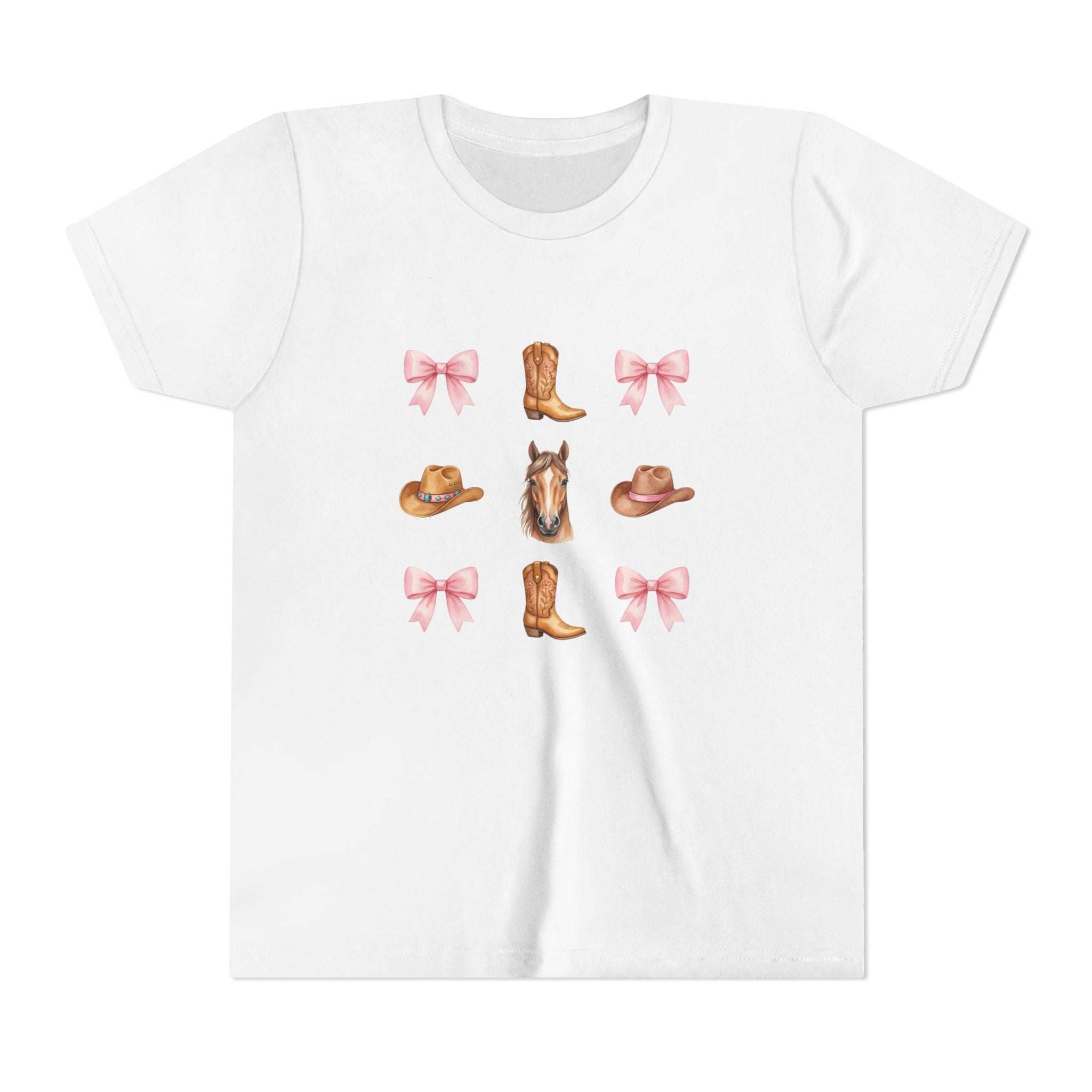 Youth pink Cowboy Horse & Boots t-shirt with Western hat, horse face, and bow print
