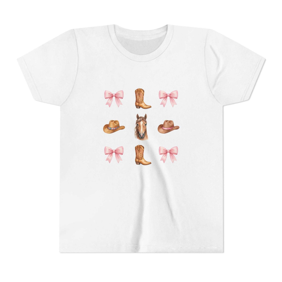 Youth pink Cowboy Horse & Boots t-shirt with Western hat, horse face, and bow print