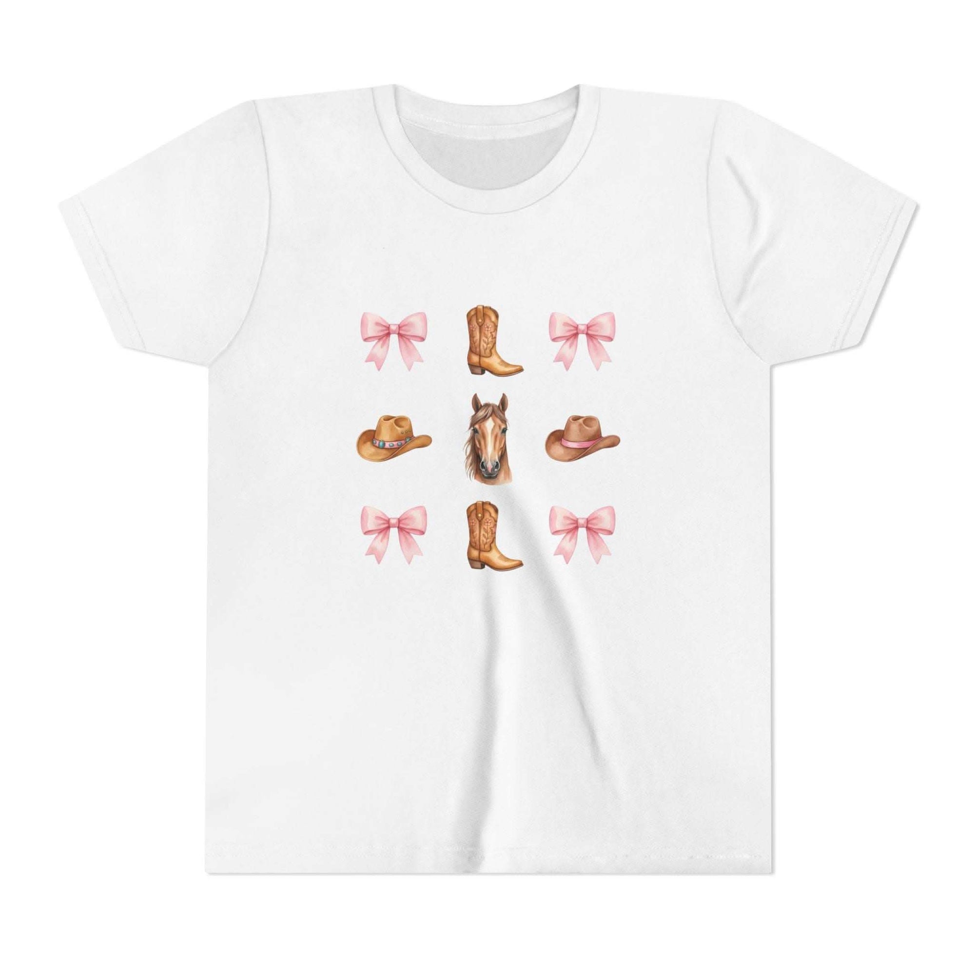 Youth pink Cowboy Horse & Boots t-shirt with Western hat, horse face, and bow print