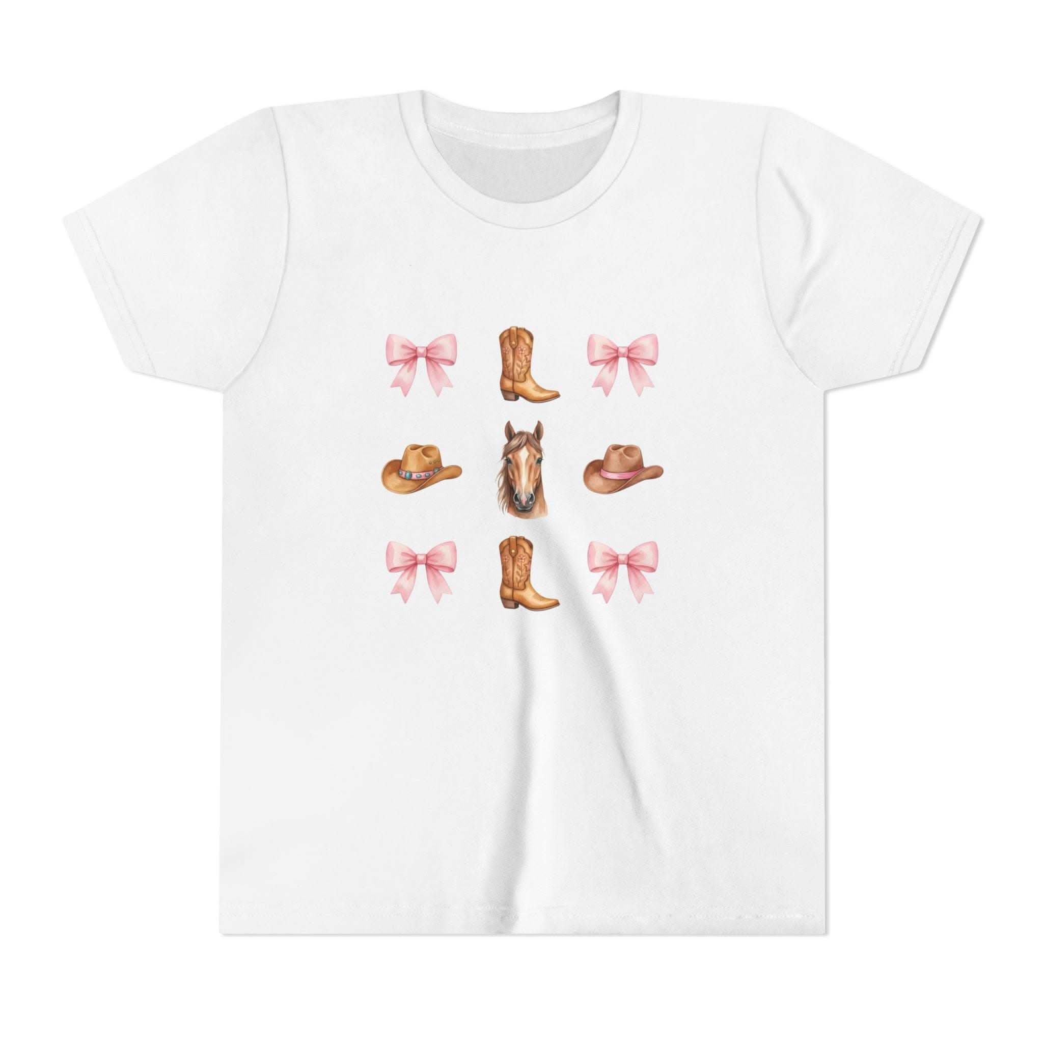 Youth pink Cowboy Horse & Boots t-shirt with Western hat, horse face, and bow print