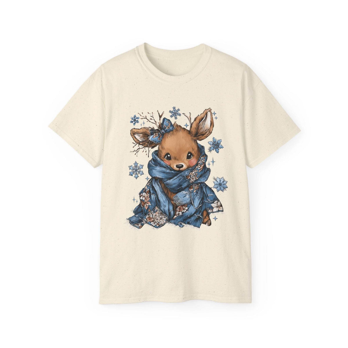 White t-shirt with retro patchwork reindeer design wearing blue scarf and surrounded by snowflakes