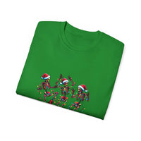 White Christmas Dancing Skeletons t-shirt by Printify, festive design perfect for holiday celebrations