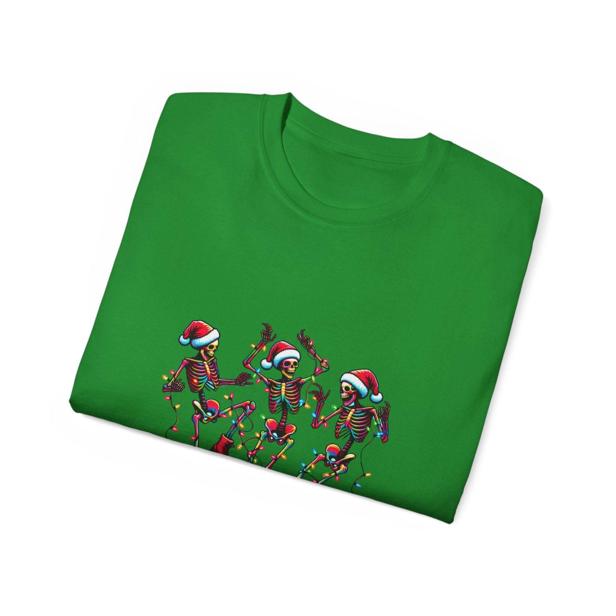 White Christmas Dancing Skeletons t-shirt by Printify, festive design perfect for holiday celebrations
