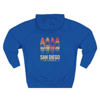 Retro San Diego surfboard fleece hoodie with vintage graphic and adjustable hood