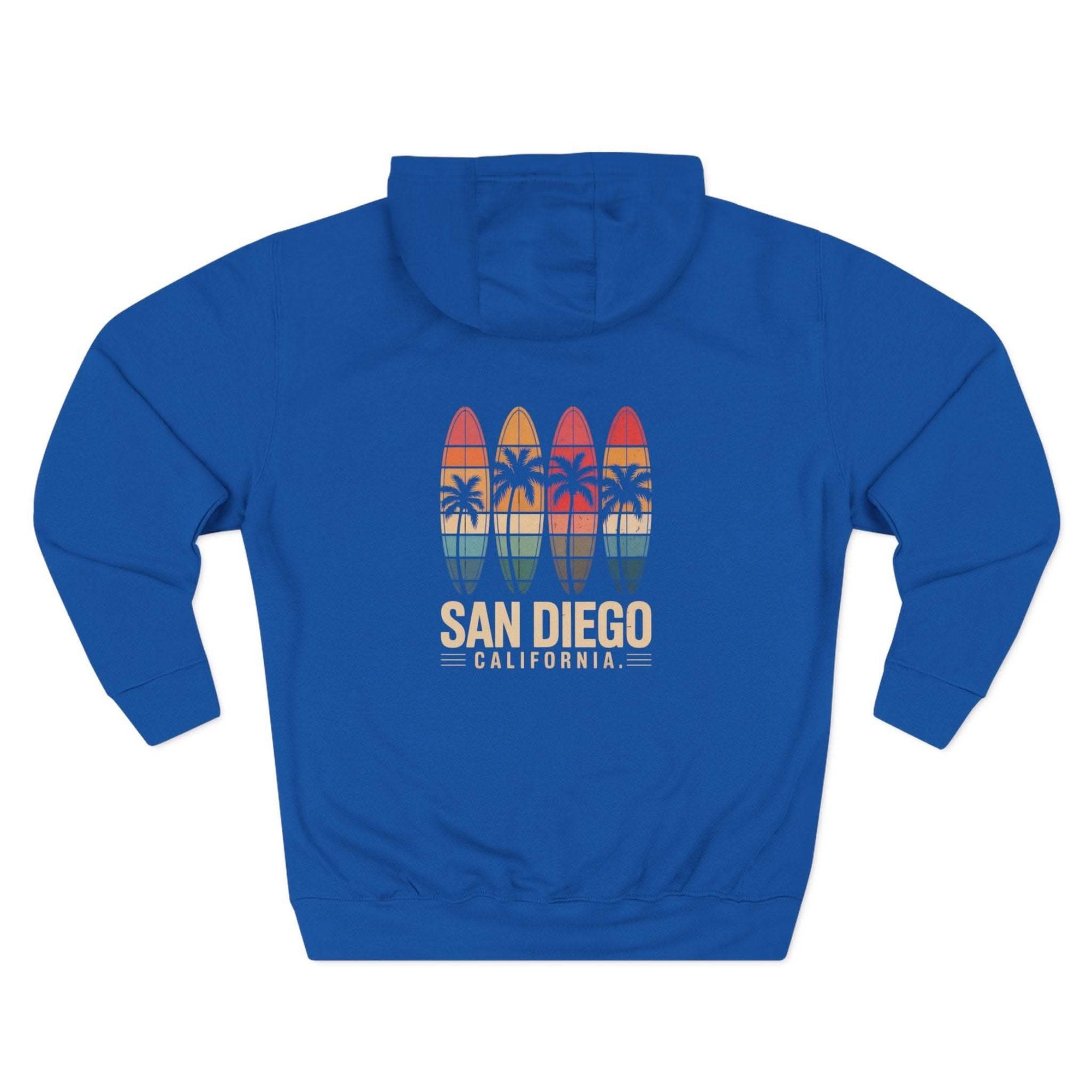 Retro San Diego surfboard fleece hoodie with vintage graphic and adjustable hood