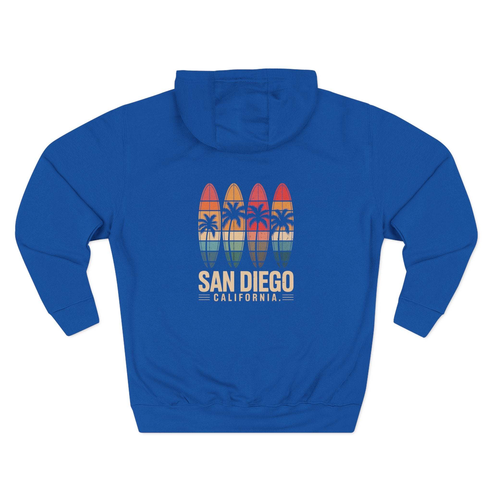 Retro San Diego surfboard fleece hoodie with vintage graphic and adjustable hood