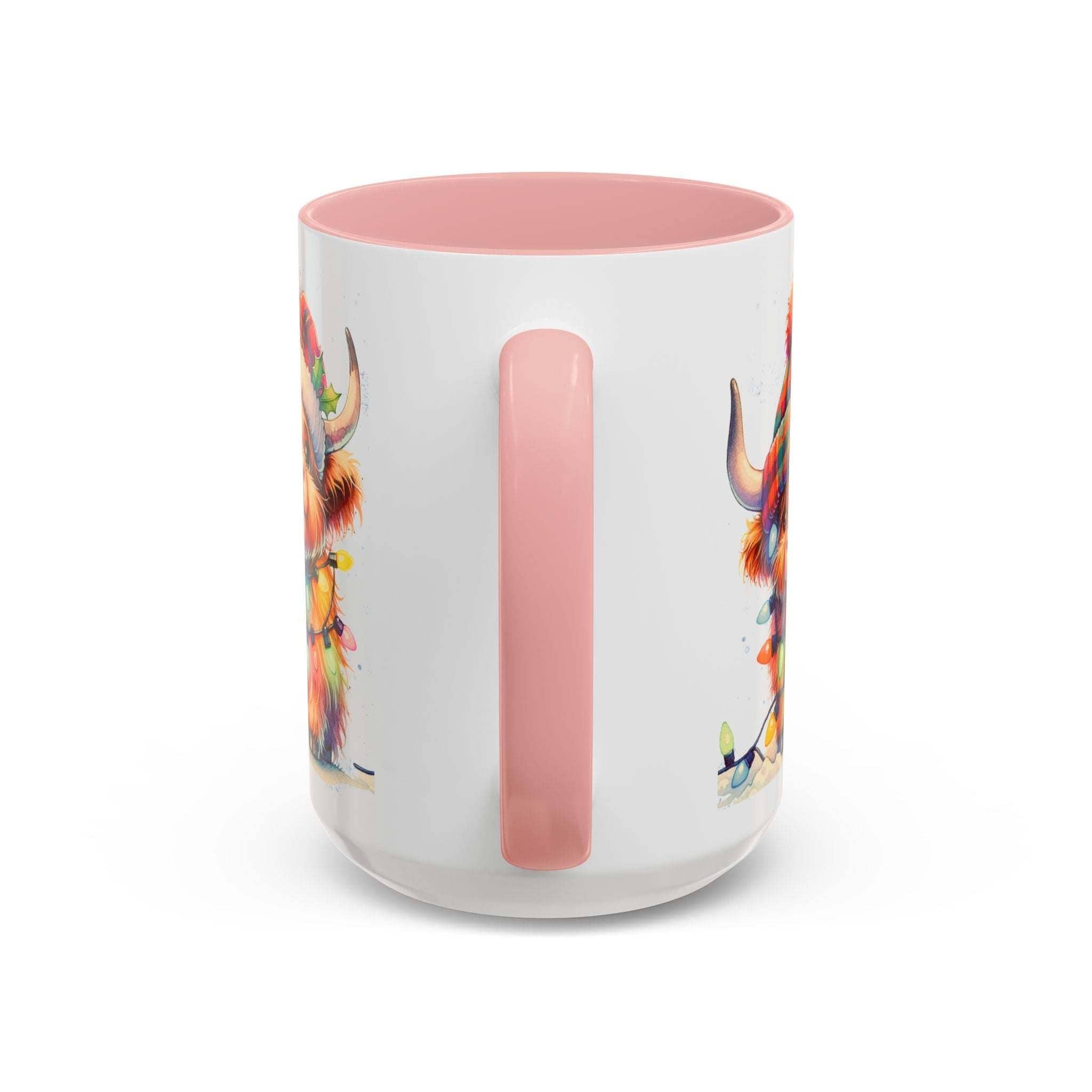 Ceramic Christmas coffee mug with colorful Scottish Highland cow illustration, pink handle and interior