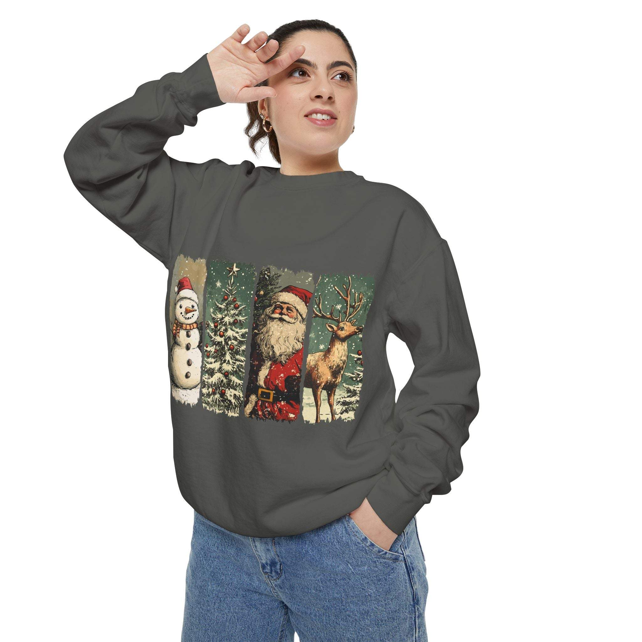 Woman wearing vintage Christmas sweatshirt with watercolor snowman, Santa, and reindeer designs