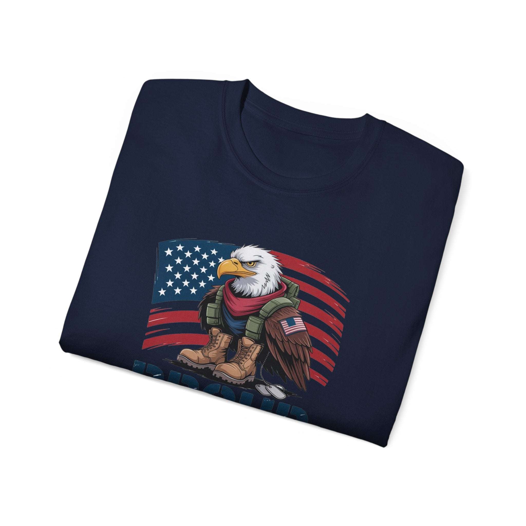 Folded navy veteran tee shirt with eagle and American flag design